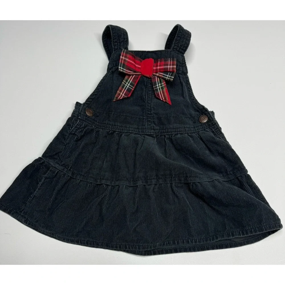 Vtg OshKosh BGosh Corduroy Jumper Dress Black Plaid Bow Size 18 Months
